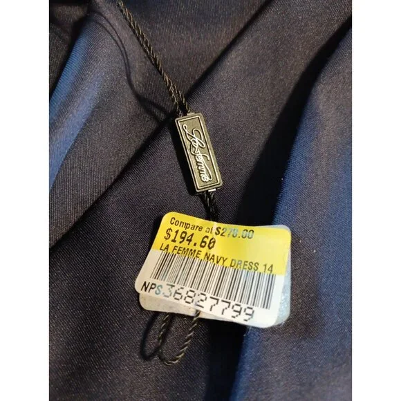 LA FEMME 27470 Womens 14 Navy Blue Ruched Crisscross Back High Slit Gown NWOT - Picture 4 of 5